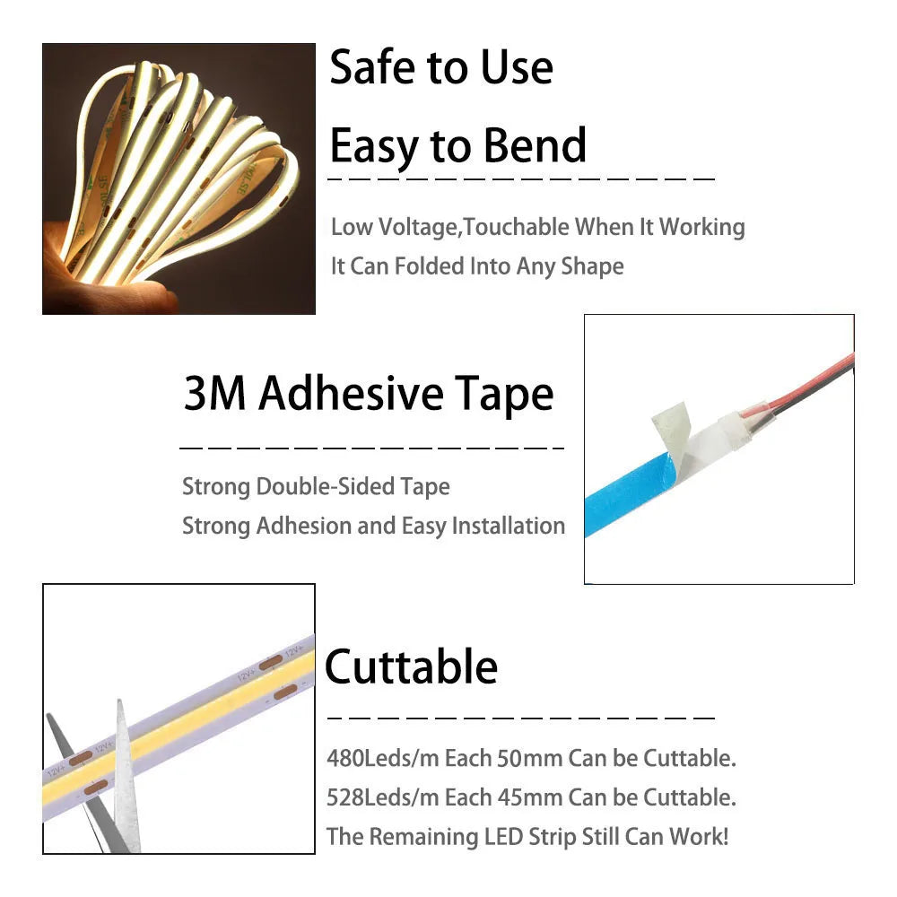 COB LED Strip Light High Density Linear Lighting 480/528Leds/m Flexible Tape Warm Natural White Red Blue Green Decor DC12/24V