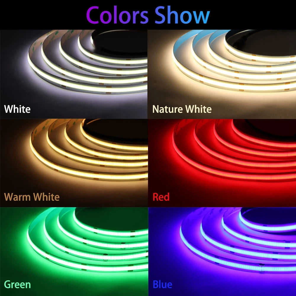 COB LED Strip Light High Density Linear Lighting 480/528Leds/m Flexible Tape Warm Natural White Red Blue Green Decor DC12/24V